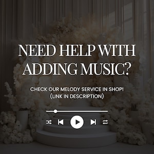 Puede incluir: Imagen promocional con el texto "&iquest;NECESITAS AYUDA PARA A&Ntilde;ADIR M&Uacute;SICA?" y "&iexcl;CONSULTA NUESTRO SERVICIO DE MELOD&Iacute;A EN LA TIENDA! (ENLACE EN LA DESCRIPCI&Oacute;N)". La imagen presenta un escenario blanco con un gr&aacute;fico de reproductor de m&uacute;sica y arreglos florales blancos.