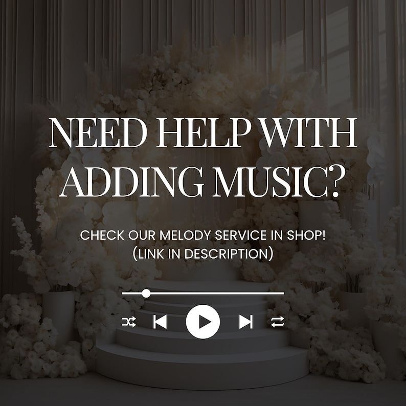 Puede incluir: Imagen promocional con el texto "&iquest;NECESITAS AYUDA PARA A&Ntilde;ADIR M&Uacute;SICA?" y "&iexcl;CONSULTA NUESTRO SERVICIO DE MELOD&Iacute;A EN LA TIENDA! (ENLACE EN LA DESCRIPCI&Oacute;N)". La imagen presenta un escenario blanco con un gr&aacute;fico de reproductor de m&uacute;sica y arreglos florales blancos.