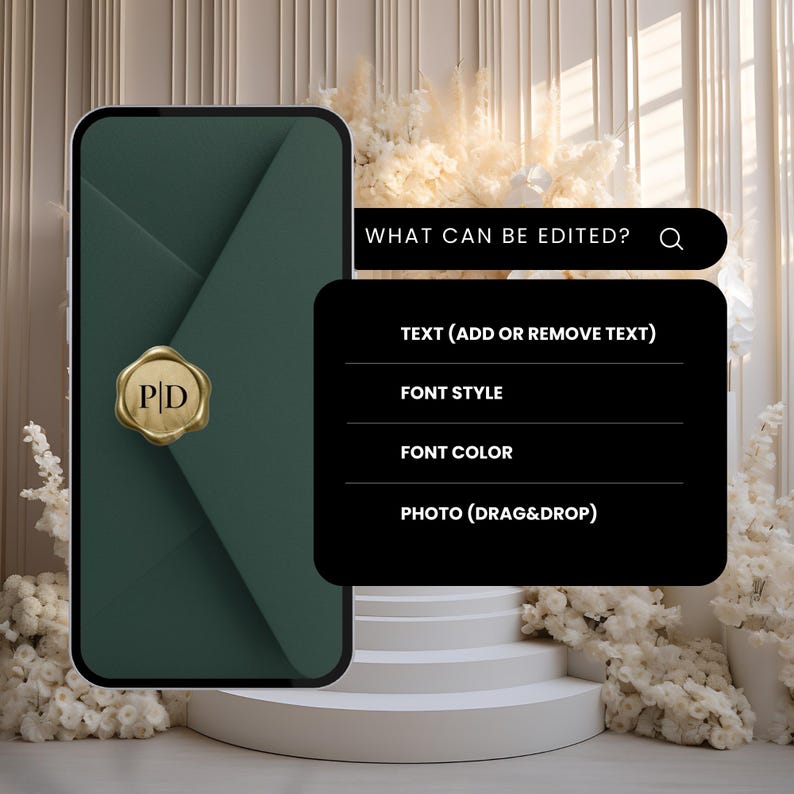 May include: A dark green envelope with a gold wax seal featuring the letters "PD". A black box displays editing options: "WHAT CAN BE EDITED?" and options for text, font style, font color, and photo.