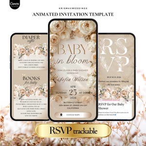 May include: Animated invitation template for a baby shower, featuring three smartphone screens. The central screen displays "Baby in Bloom" with floral accents, date, time, and location. Additional screens detail diaper raffle, book requests, and RSVP information.