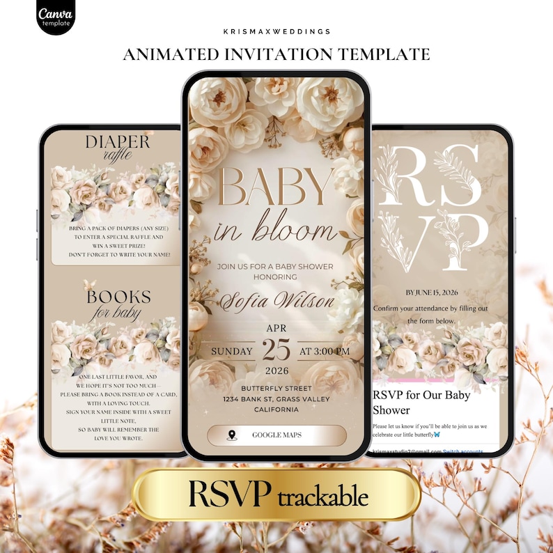 May include: Animated invitation template for a baby shower, featuring three smartphone screens. The central screen displays "Baby in Bloom" with floral accents, date, time, and location. Additional screens detail diaper raffle, book requests, and RSVP information.