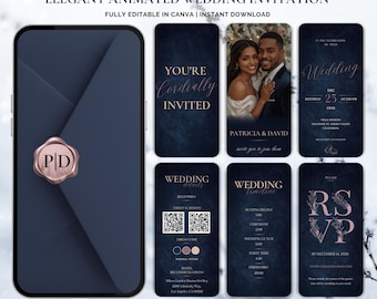 Animated Wedding Invitation Suite | Navy Blue & Rose Gold Canva Template | Winter Digital Invite Set | Elegant RSVP and Details Cards