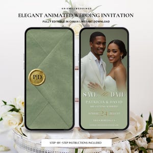 Könnte beinhalten: Zwei Smartphones zeigen eine Hochzeitseinladung. Eines zeigt einen grünen Umschlag mit einem goldenen Siegel, das andere ein Paar mit dem Text "Save the Date". Die Einladung enthält Datum, Ort und die Namen Patricia & David. Der Text oben lautet "Elegant Animated Wedding Invitation."