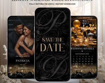 May include: Three smartphone screens displaying a digital wedding invitation template. The designs feature black roses, gold text, a couple's photo, and a September 2025 calendar. Text includes KRISMAXWEDDINGS, ELEGANT ANIMATED WEDDING INVITATION, SAVE THE DATE, PATRICIA and DAVID, and WEDDING RIVIERA.