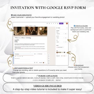 May include: A digital invitation template with a Google RSVP form. The design includes a photo of a couple, with options to edit questions, text, fonts, and colors. The text reads "Invitation with Google RSVP Form".