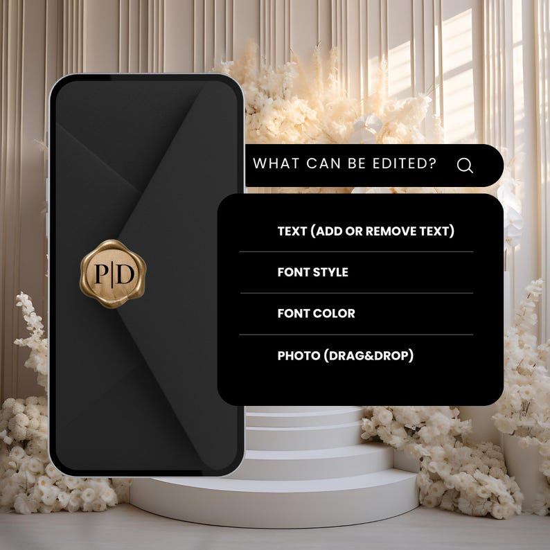 K&ouml;nnte beinhalten: Ein schwarzes Smartphone zeigt einen schwarzen Umschlag mit einem goldenen Wachssiegel mit den Buchstaben "PD". Auf der rechten Seite befindet sich ein schwarzes Men&uuml; mit Bearbeitungsoptionen, mit dem Text "WHAT CAN BE EDITED?" und Optionen f&uuml;r Text, Schriftstil, Farbe und Foto.