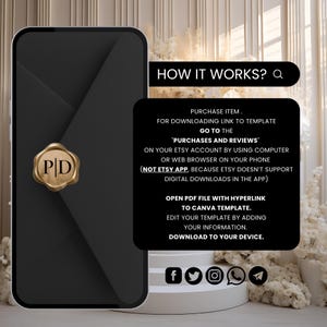 K&ouml;nnte beinhalten: Ein schwarzes Smartphone mit einem goldenen Siegel mit den Buchstaben "PD" wird gezeigt. Das Telefon ist vor einem schwarzen Umschlagdesign platziert. Text auf schwarzem Hintergrund erkl&auml;rt, wie man eine Vorlage herunterl&auml;dt. Social-Media-Symbole befinden sich unten.