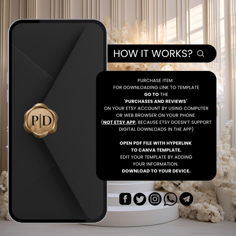 K&ouml;nnte beinhalten: Ein schwarzes Smartphone mit einem goldenen Siegel mit den Buchstaben "PD" wird gezeigt. Das Telefon ist vor einem schwarzen Umschlagdesign platziert. Text auf schwarzem Hintergrund erkl&auml;rt, wie man eine Vorlage herunterl&auml;dt. Social-Media-Symbole befinden sich unten.