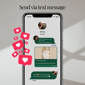 May include: A smartphone screen displays a text message conversation with a baby shower invitation. The message includes the text "A little butterfly is on the way" and "Baby in Bloom". Red heart icons float around the phone.