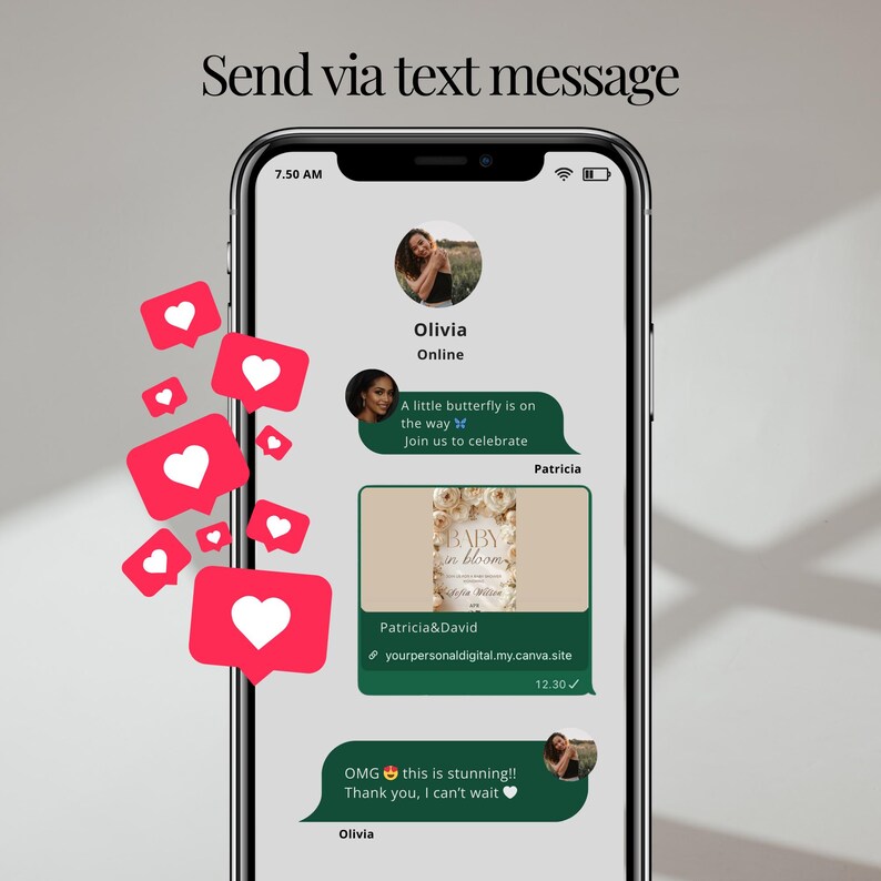 May include: A smartphone screen displays a text message conversation with a baby shower invitation. The message includes the text "A little butterfly is on the way" and "Baby in Bloom". Red heart icons float around the phone.
