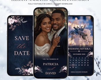 Winter Wedding Invitation | Navy Blush Save The Date Template | Elegant Animated Canva Invite | Digital Download for Couples