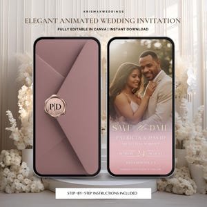 Puede incluir: Elegante invitación de boda animada mostrada en dos smartphones. Uno muestra un sobre malva con un sello dorado, el otro una foto de una pareja con el texto "Save the Date". Incluye el texto "Totalmente editable en Canva".