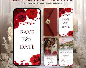 Red Rose Save the Date Template | Elegant Wedding Announcement | Modern Romantic Canva Template | Digital Paperless Invite