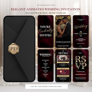 May include: An elegant animated wedding invitation design. The design features a black smartphone with a gold seal and several burgundy-colored invitation cards with gold text. The cards include details like the wedding date, time, and RSVP information. The text reads "Elegant Animated Wedding Invitation".