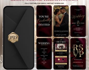 Könnte beinhalten: Ein elegantes animiertes Hochzeitsdesign. Das Design zeigt ein schwarzes Smartphone mit einem goldenen Siegel und mehrere weinrote Einladungskarten mit goldenem Text. Die Karten enthalten Details wie Hochzeitsdatum, Uhrzeit und RSVP-Informationen. Der Text lautet "Elegant Animated Wedding Invitation".
