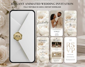 Animated Wedding Invitation, Elegant White Rose Digital Wedding Video,Canva Template for Modern Neutral Wedding,Editable Mobile  eInvite