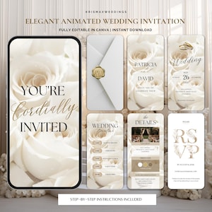 Op de afbeelding: Elegant geanimeerd trouwkaartontwerp met een bloemenachtergrond. Het ontwerp bevat een telefoonvormige afbeelding met de tekst "You're Cordially Invited", samen met andere uitnodigingsdetails.