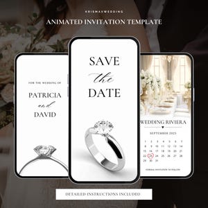 Könnte beinhalten: Eine digitale Save-the-Date-Einladungsvorlage mit weißem Hintergrund und schwarzem Text. Der Text lautet "Save the Date" mit einer Diamant-Ring-Illustration. Das Datum ist September 2025 und der Text "Wedding Riviera" wird unter dem Kalender angezeigt. Der Text "Formal Invitation to Follow" befindet sich am unteren Rand der Vorlage.