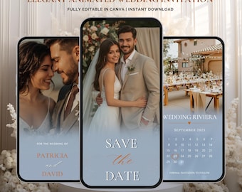 Elegante plantilla de invitación de boda con "Guarda la fecha" / Plantilla editable de invitación de boda digital Canva / Anuncio romántico de boda en azul polvoriento