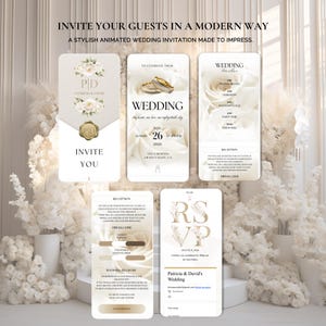 May include: Five digital wedding invitation screens featuring cream-colored roses, gold wedding rings, and elegant typography. The text includes INVITE YOU, WEDDING, WEDDING timeline, RECEPTION, and RSVP, with details for Patricia & David on November 26, 2026.