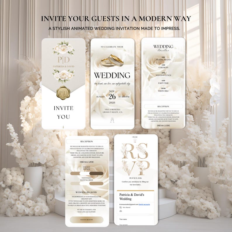 May include: Five digital wedding invitation screens featuring cream-colored roses, gold wedding rings, and elegant typography. The text includes INVITE YOU, WEDDING, WEDDING timeline, RECEPTION, and RSVP, with details for Patricia & David on November 26, 2026.
