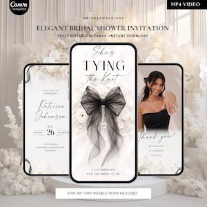 May include: Three smartphone screens displaying a digital bridal shower invitation template. The center screen features a black sheer bow graphic with a crystal charm, the text She's TYING the Knot, and A CELEBRATION FOR THE BRIDE-TO-BE.