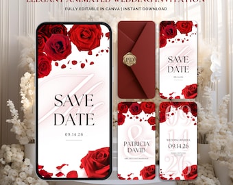Red Rose Save the Date Invitation | Animated Wedding Canva Template | Elegant Digital Wedding Card | Romantic Modern Invite