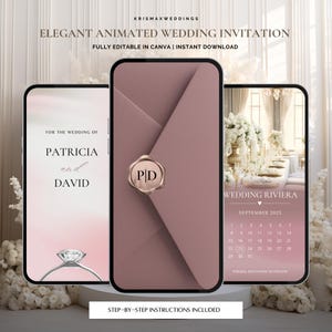 Può includere: Elegante design di invito di nozze animato visualizzato su tre smartphone. Il design presenta una busta rosa con un sigillo dorato, un anello di diamanti e un calendario della data del matrimonio. Il testo include "Patricia and David" e "Wedding Riviera."