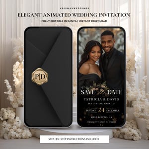 Könnte beinhalten: Elegante animierte Hochzeitseinladung, die auf zwei Smartphones angezeigt wird. Eines zeigt einen schwarzen Umschlag mit einem goldenen Siegel, das andere ein Paar mit dem Text "Save the Date". Die Einladung enthält Datum, Ort und Anweisungen.