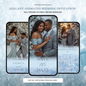Könnte beinhalten: Elegante animierte Hochzeitseinladung mit einem Paar in formeller Kleidung. Das Design enthält den Text "Save the Date" und "Wedding Riviera" mit einem Kalender für Dezember 2025. Vollständig bearbeitbar in Canva.