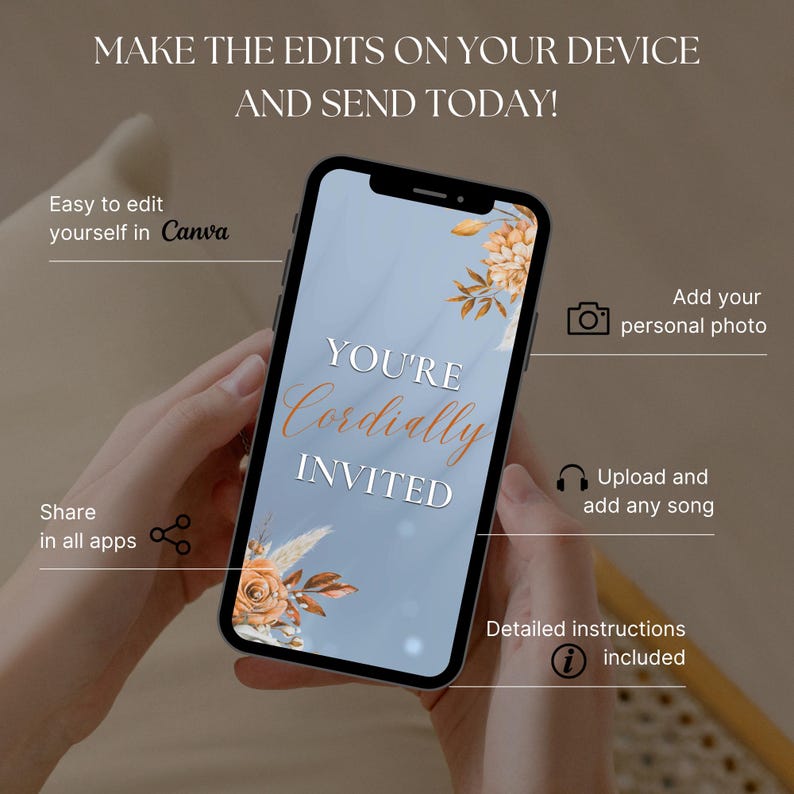 Puede incluir: Un tel&eacute;fono inteligente muestra una invitaci&oacute;n con el texto "YOU'RE Cordially INVITED" en una fuente estilizada. La pantalla del tel&eacute;fono tiene un fondo azul claro con detalles florales. La imagen incluye instrucciones para editar, agregar una foto y compartir.