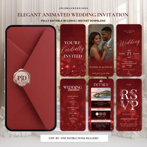 May include: A burgundy animated wedding invitation design with gold detailing. The design features an envelope with a wax seal, and several cards with wedding details, including the couple's names, date, and time.