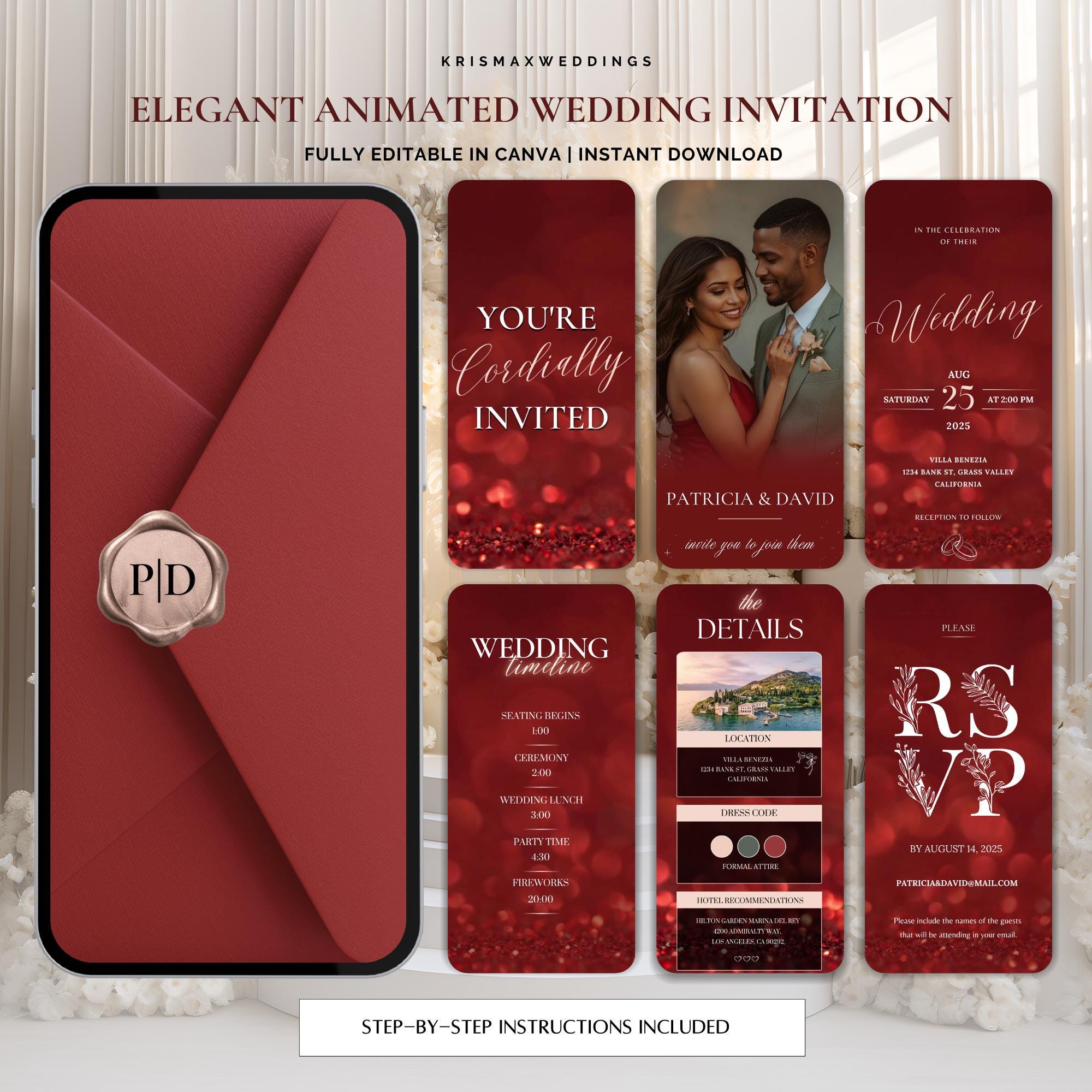 Red Wedding Invitation Video • Animated Canva Template • Elegant ...