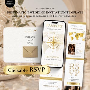 Könnte beinhalten: Eine digitale Hochzeitseinladungsvorlage im Reisepass-Design auf einem Smartphone mit goldenem Kompass, Weltkarte und dem Text Patricia and Adam. Enthält einen anklickbaren RSVP-Button und eine grafische Darstellung eines Umschlags.