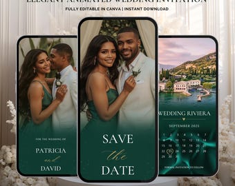 May include: Elegant animated wedding invitation design. The design features three smartphone screens displaying wedding details. The first screen shows the couple, the second screen says "Save the Date", and the third screen shows a calendar. The text says "Fully editable in Canva | Instant Download".