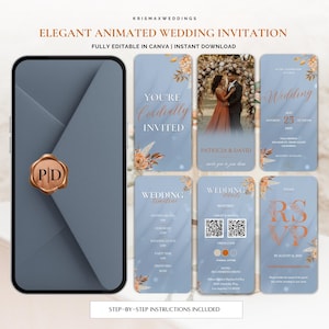Op de afbeelding: Een elegante geanimeerde huwelijksuitnodiging weergegeven op een smartphone. De uitnodiging heeft een blauw en goud kleurenschema met bloemaccenten. De tekst bevat "You're Cordially Invited" en huwelijksdetails.