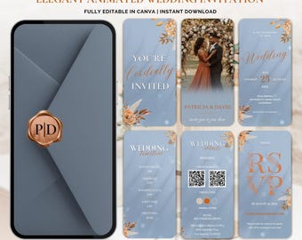 Dusty Blue Animated Wedding Invitation Template | Elegant Digital Video Invite | Editable Canva Wedding Card
