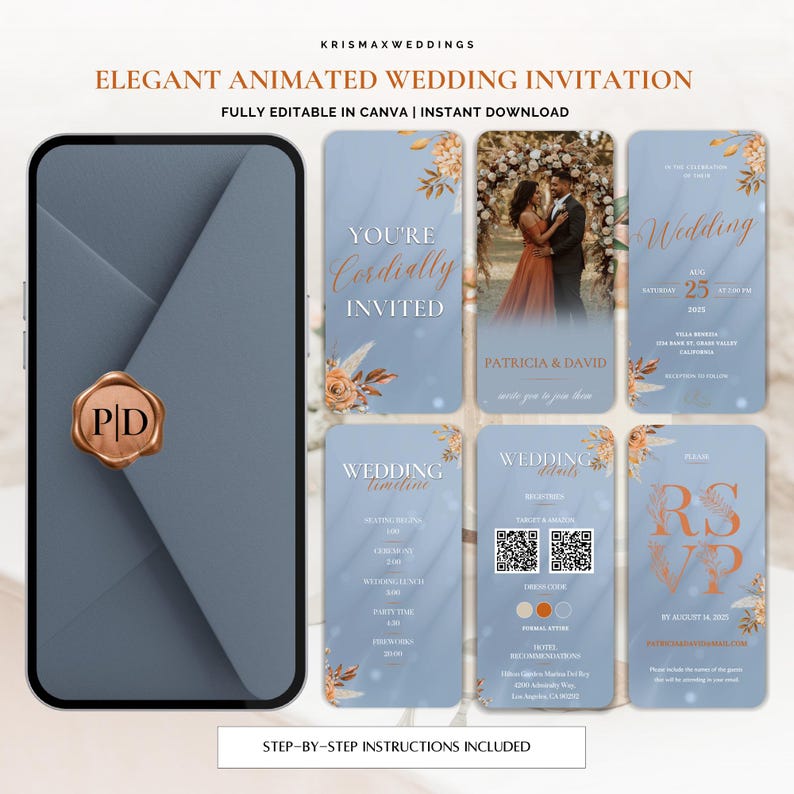 Puede incluir: Una elegante invitaci&oacute;n de boda animada que se muestra en un tel&eacute;fono inteligente. La invitaci&oacute;n presenta una combinaci&oacute;n de colores azul y dorado con detalles florales. El texto incluye "You're Cordially Invited" y detalles de la boda.
