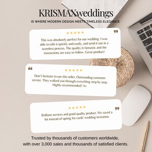May include: Image featuring the text "KRISMAXweddings" and the tagline "IS WHERE MODERN DESIGN MEETS TIMELESS ELEGANCE." Includes customer testimonials with five-star ratings, praising the product's quality and customer service. A laptop, mouse, and pen are also visible.