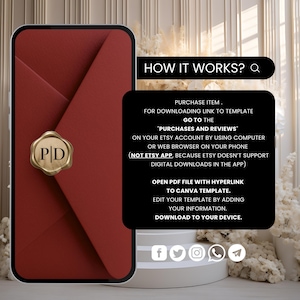 May include: A burgundy digital download template displayed on a smartphone. The template features a gold seal with "PD" initials. Text on the image explains how to download and edit the template using Canva.