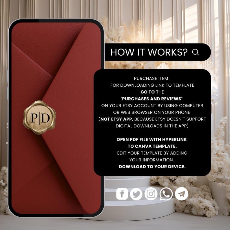 May include: A burgundy digital download template displayed on a smartphone. The template features a gold seal with "PD" initials. Text on the image explains how to download and edit the template using Canva.