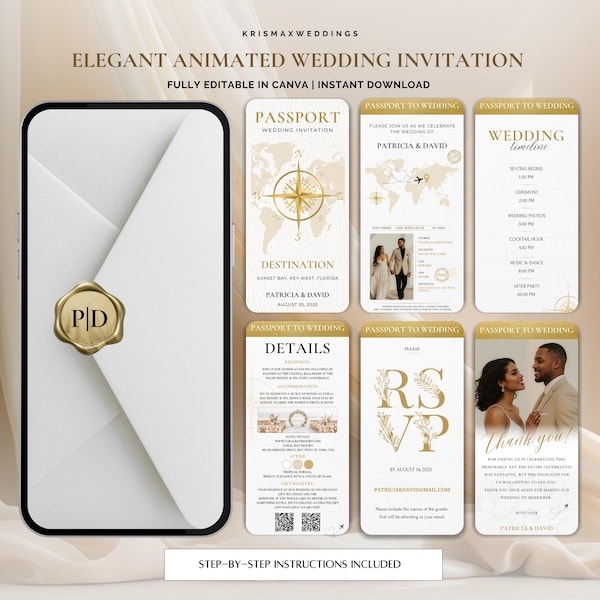 Passport Wedding Invitation Template Animated Destination Wedding Invite Set Canva Design, Digital Invite Instant Download