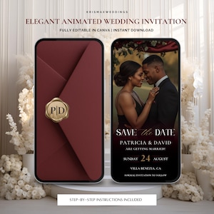 Può includere: Elegante design di invito di nozze animato. Il design presenta due smartphone che mostrano una busta bordeaux con un sigillo d'oro e una foto di una coppia. Il testo include "Save the Date" e i dettagli del matrimonio.