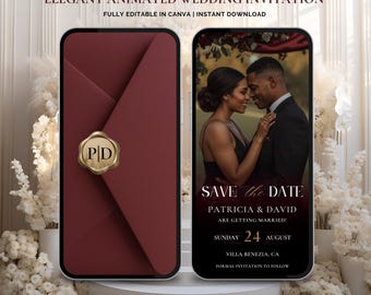 Bourgondische geanimeerde huwelijksuitnodigingsvideo | Elegante save-the-date canvassjabloon | Formele digitale huwelijksuitnodiging | Direct downloaden