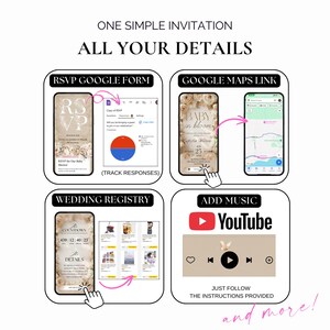 May include: A digital invitation design with the text "ONE SIMPLE INVITATION ALL YOUR DETAILS." The design includes phone mockups for RSVP, Google Maps, wedding registry, and music integration. The invitation is for a baby shower.