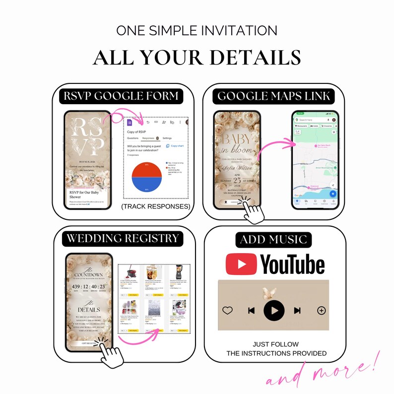 May include: A digital invitation design with the text "ONE SIMPLE INVITATION ALL YOUR DETAILS." The design includes phone mockups for RSVP, Google Maps, wedding registry, and music integration. The invitation is for a baby shower.