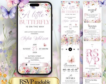 Butterfly Baby Shower Invitation with RSVP Tracking, Animated Canva Template, Editable Floral Digital eInvite for Girl Baby