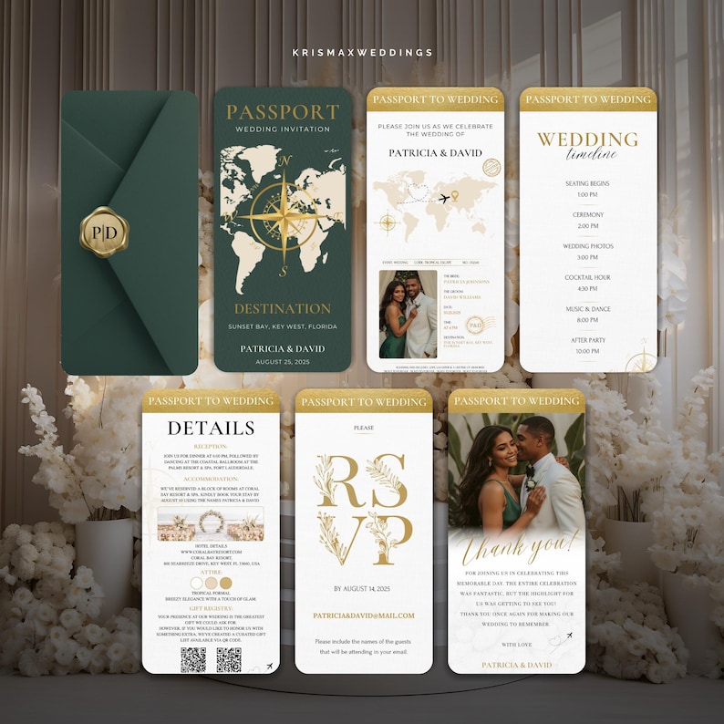 May include: A collection of wedding invitation cards and an envelope. The invitation cards have a passport theme with gold and green accents. The cards include details, RSVP information, and a wedding timeline. The envelope is dark green with a gold seal.