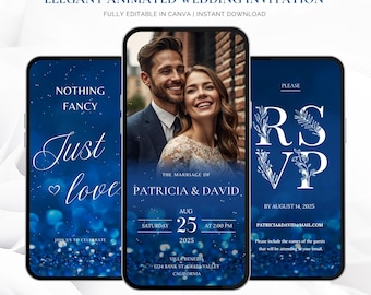 Wedding Invitation Navy Blue Animated Just Love Card, Editable Canva Video Template, Minimalist RSVP, Digital Download