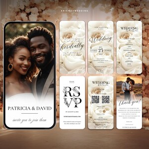May include: A wedding invitation suite with a white rose theme. The invitation includes a photo of the couple, a save the date, a wedding timeline, an RSVP card, and a thank you card. The text on the invitation reads "Patricia & David invite you to join them".